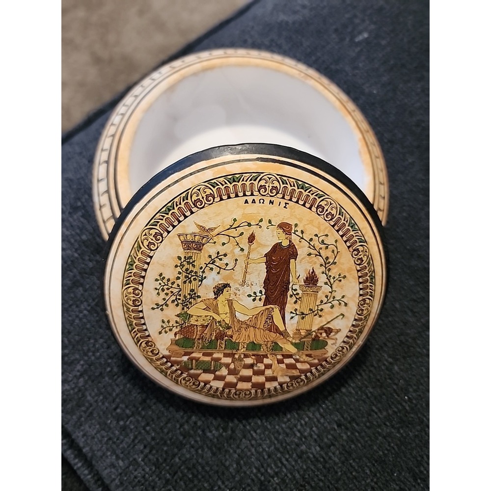 Vintage 5" Ceramic‎ Greek Pottery Trinket Box By Artemis Made in Greece Goddess
